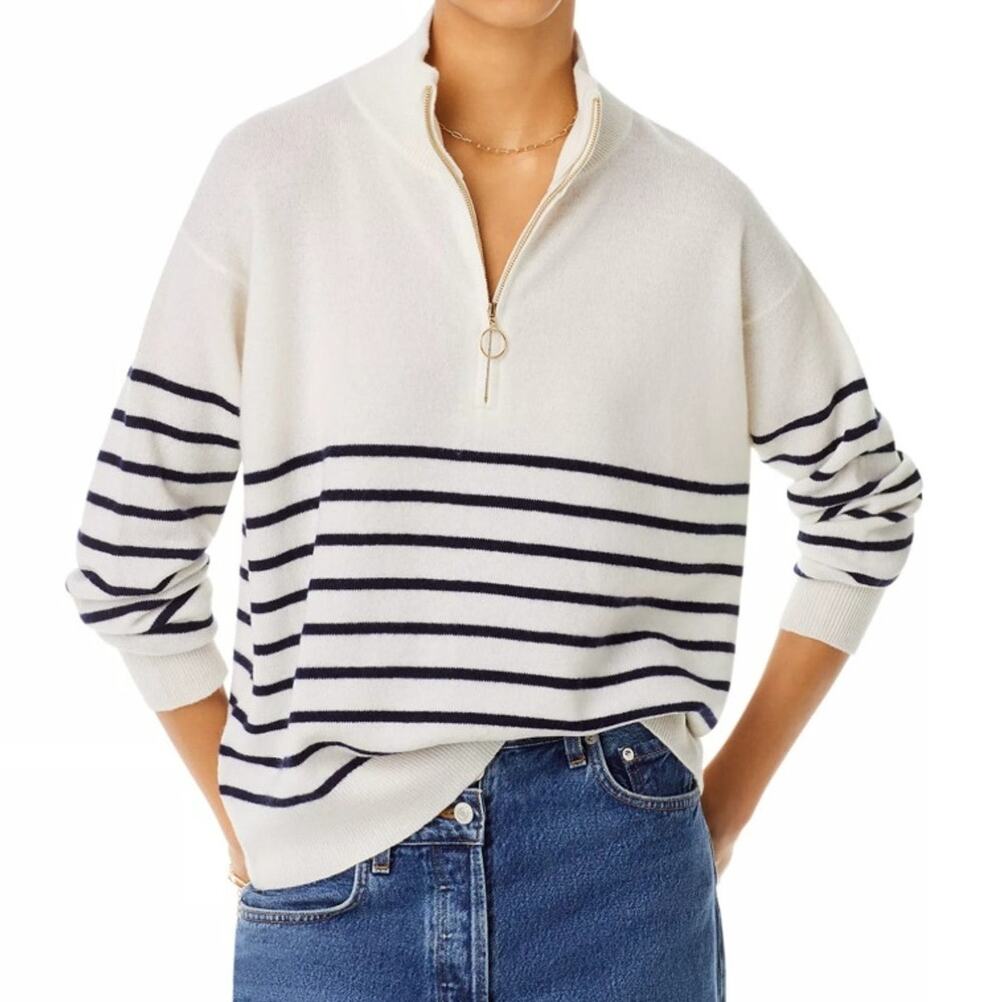 Bloomingdale's Women Ivory Striped Cashmere Knit Quarter Zip Sweater Size M